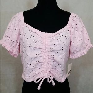NWT SO Brand Junior Plus Size 1X Summer Shirt Pink Cinch Front Puff‎ Sleeve Top